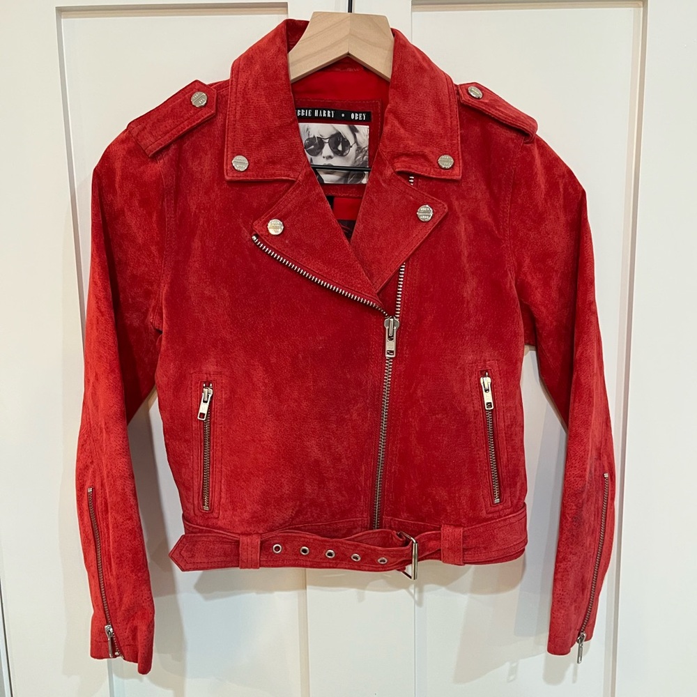 OBEY ✖️ Debbie Harry St. Marks Red Suede Leather Moto Zip Jacket Punk Belted XS